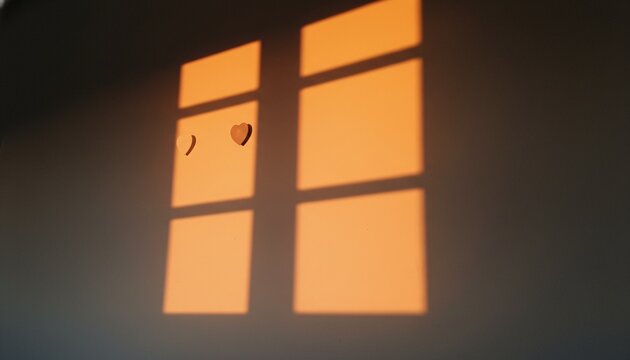 A warm light shines through a window with a unique heart and crescent moon shape.