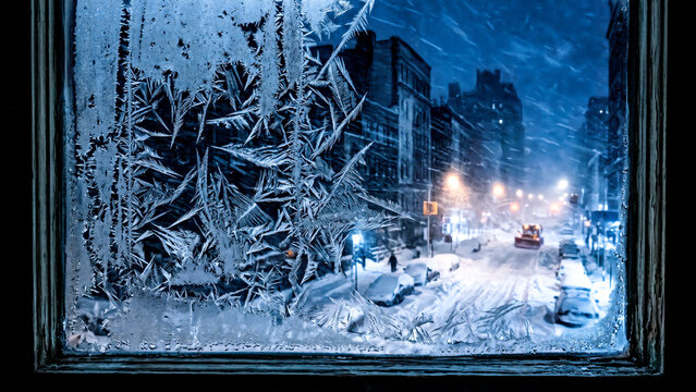 frozen moisture forming sharp jagged frost patterns across city windows while a brutal blizzard buries streets in deep snow showcasing a cinematic style winter disaster