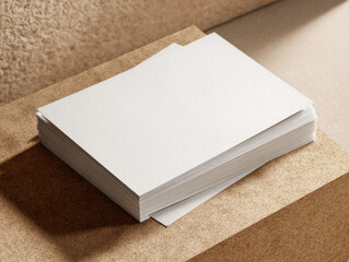 Fototapeta premium Stack of blank white textured paper cards on a neutral textured surface, ready for design.