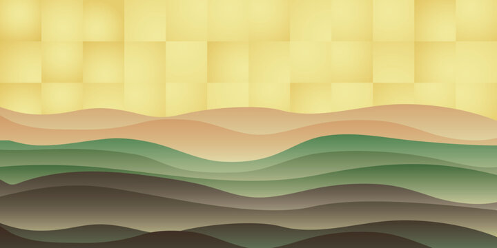 Abstract Japanese landscape with golden checkered sky and hills