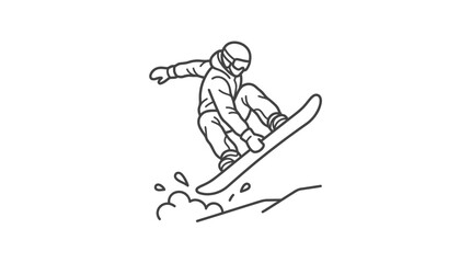 Snowboarder performing jump trick line art illustration © AHMAD MUJIONO