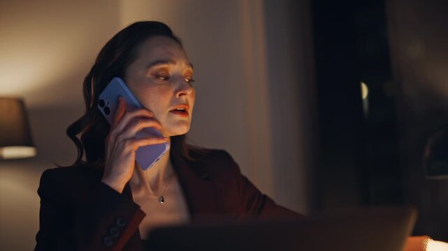 Worried specialist calling mobile phone discussing business agreement at office