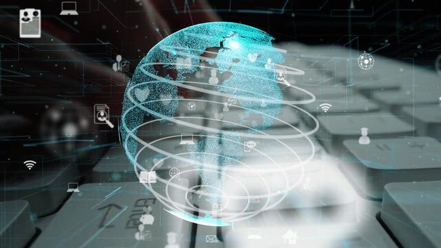 Visual representation of a digital globe surrounded by various technology icons, symbolizing global communication and the interconnected digital landscape of today. Xenic