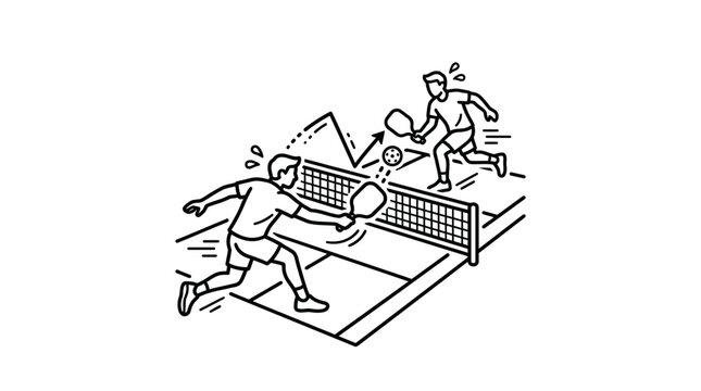 Two men playing competitive pickleball sketch.