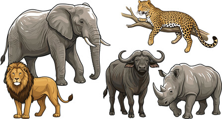 African big five wildlife illustration set featuring elephant lion leopard rhinoceros and buffalo isolated on white background for safari tourism marketing banners © Protima