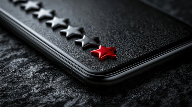 A black smartphone screen displays nine black stars and one prominent red star, symbolizing rating or review on a textured dark surface.