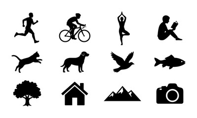 Obraz premium Silhouette Icons: Running Man, Cyclist, Yoga Pose, Reader, Cat, Dog, Bird, Fish, Tree, House, Mountains, Camera - Vector Graphics Set