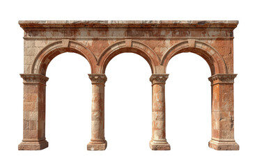 Fototapeta premium Ancient stone arcade with three arches and classic columns on a transparent background, depicting antique architectural element
