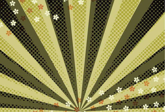 Vintage Green Sunburst Pattern with Cherry Blossom Flowers