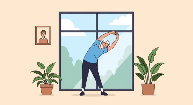 Vector illustration of a senior man with gray hair and beard performing a side stretch exercise in a room featuring a large window, potted plants, and a framed wall picture.