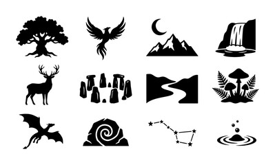 Fototapeta premium Mystical Nature Icons Set: Fantasy Creatures, Ancient Symbols, Celestial Elements, and Natural Landscapes for Magical Design Projects