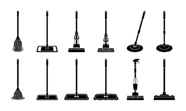 Vector Collection of Cleaning Mops and Tools, Household Hygiene Equipment, Floor Care Implements, Professional Sanitation Devices