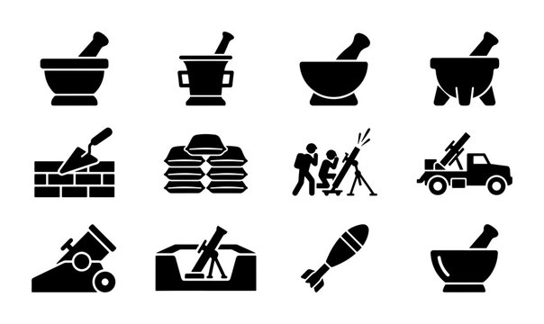 Mortar and Pestle Icons, Military Mortars, Bomb, and Construction Set, Vector Graphics for Science, Medicine, and Defense