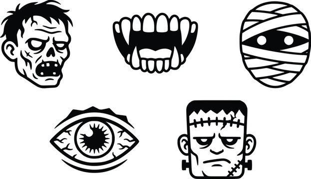 Halloween monster icons zombie vampire mummy eyeball and frankenstein vector set