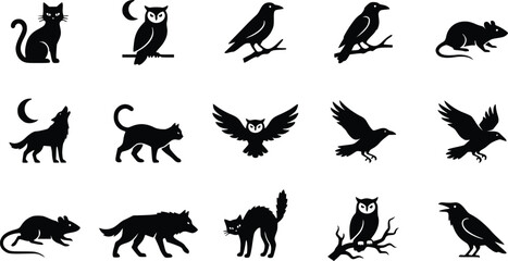 Halloween silhouettes black cat owl raven wolf and mouse vector collection © MDMOYNULISLAM