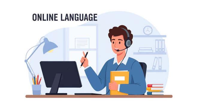 Male tutor with headset and microphone teaching online language course at desk with computer monitor, book, and desk lamp in home office vector illustration.