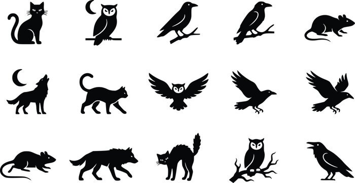 Halloween silhouettes black cat owl raven wolf and mouse vector collection