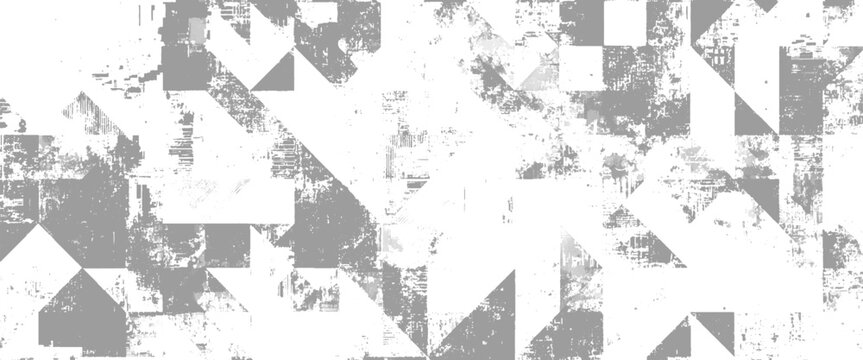 Geometric abstract pattern with distressed texture and triangular shapes in shades of gray and white
