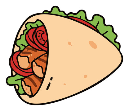 Chicken gyros pita wrap flat vector illustration. Generative AI