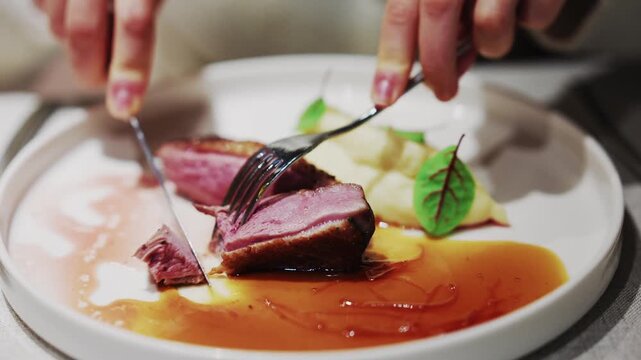 Slicing succulent duck breast with creamy mashed potatoes and rich sauce, close up.