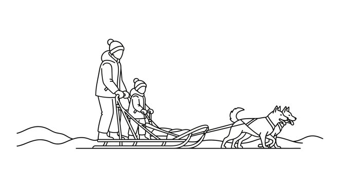 Family riding a sled pulled by a dog on snow.