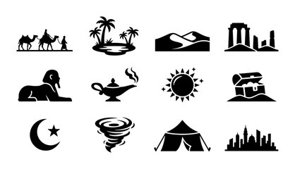 Obraz premium Ancient Egypt Icons, Desert Symbols, and Middle Eastern Motifs: 12 Vector Graphics for Travel and Culture