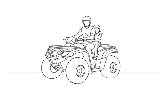 Man and child riding an all terrain vehicle.