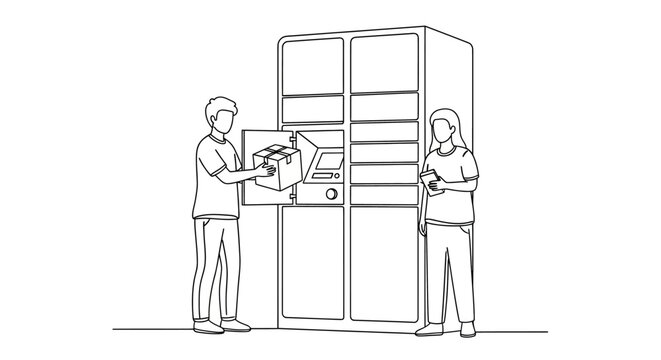Two people using a large vending machine.