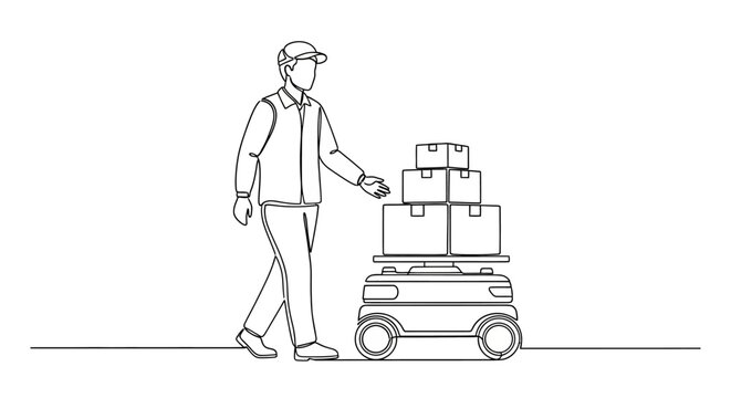 Man pushing cart with stacked boxes in warehouse.