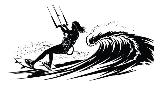Kitesurfer Riding A Wave Black Vector Silhouette kitesurfing rider athlete