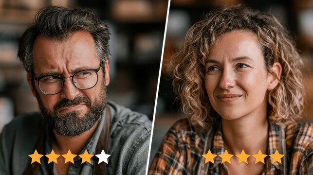 A split-screen image shows a man with glasses frowning and a woman smiling, each rated with star reviews beneath them.