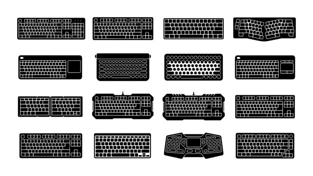 Diverse Keyboard Collection Vector Icons, Computer Input Devices Set, Ergonomic and Gaming Layouts, Black and White Technology Graphics