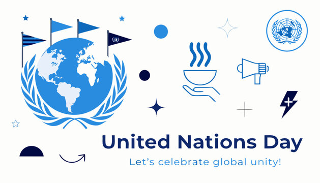 United Nations Day, global unity celebration, international relations, blue icons, vector illustration