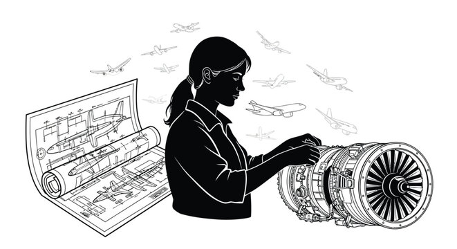 Engineer Inspecting Jet Engine With Aircraft Blueprints Black Silhouette female