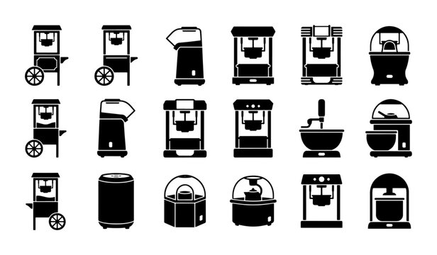 Popcorn Machine Icons Set, Retro and Modern Snack Equipment Vector Graphics, Cinema and Party Food Maker Collection