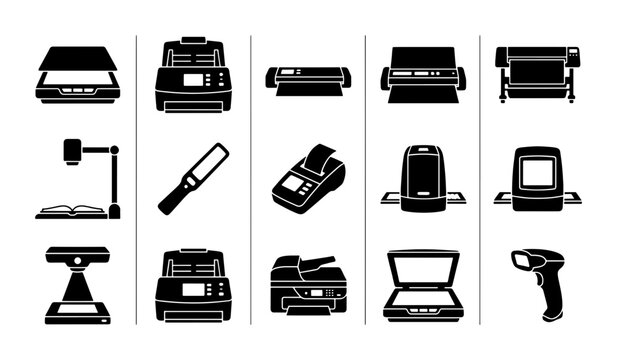 Office Equipment Icons, Technology Devices Set, Digital Scanner, Printer, Fax Machine, Barcode Reader, Vector Graphics Collection