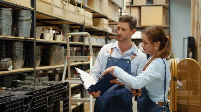 Two professional warehouse workers in aprons are walking through a large storage aisle, actively checking inventory levels on shelves using a clipboard and barcode scanner to manage the retail stock