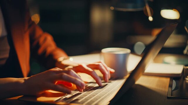 Evening fingers typing keyboard browsing laptop online answering office closeup