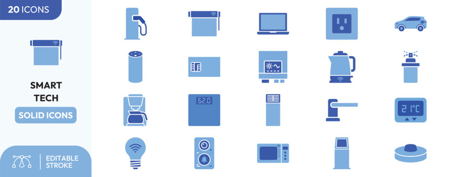 Connected Home Essentials icon set. Containing electric vehicle charger, smart coffee brewer, smart thermostat, smart air purifier, smart speaker, smart hub. Editable stroke. Vector illustration.