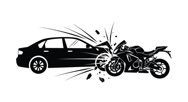 Car And Motorcycle Collision Impact Vector Silhouette