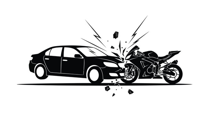 Car And Motorcycle Collision Black Vector Silhouette