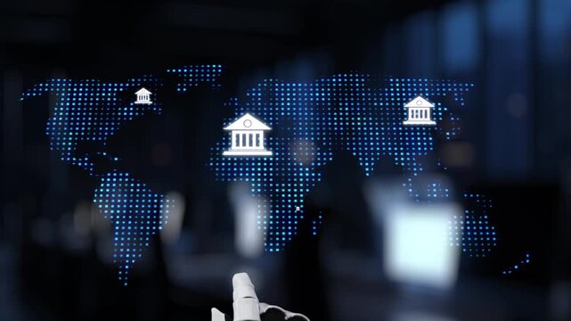 A robotic hand interacts with a digital map, showcasing various banking icons and financial growth graphs, emphasizing the relationship between technology and finance. Synapse