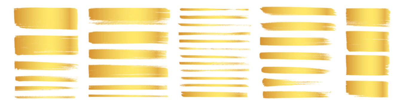 Gold brush stroke paint set. Hand drawn gold brush stroke paint golden foil line luxury underline. Glitter metallic banner border frame ornament grunge abstract background. Vector illustration
