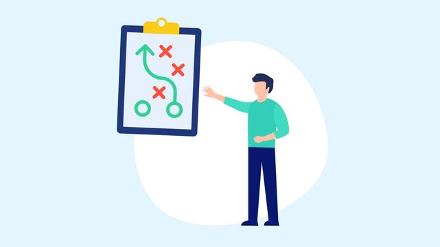 Animated man presenting business strategy on clipboard