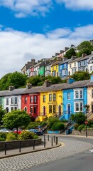 Fototapeta premium Colorful Coastal Houses on a Hillside with Blue Sky and Green Trees.