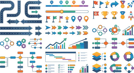 Obraz premium Business infographic element kit vector bundle featuring road maps timeline charts organizational charts gantt charts workflow processes and achievement icons