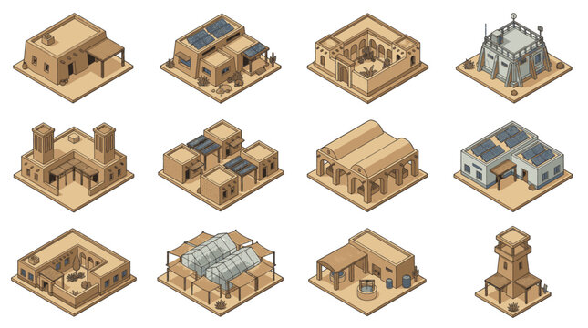Collection of isometric desert buildings and structures with solar panels and traditional architecture.