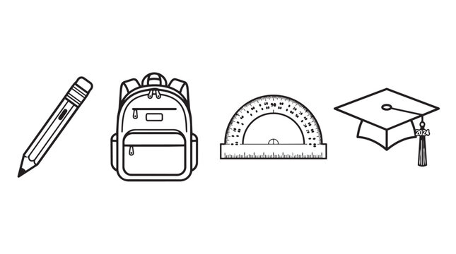 Set of school and education line art icons featuring student supplies education supplies backpack