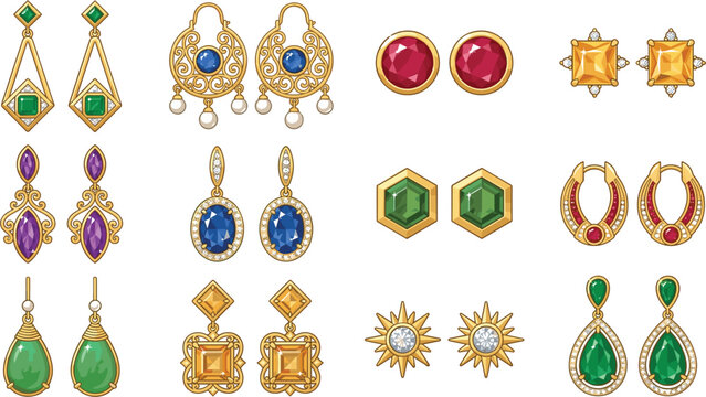 Luxury Gemstone Earrings Collection Vector Set with Gold Jewelry, Sapphire, Emerald, Ruby, Diamond Studs, and Elegant Fashion Accessories