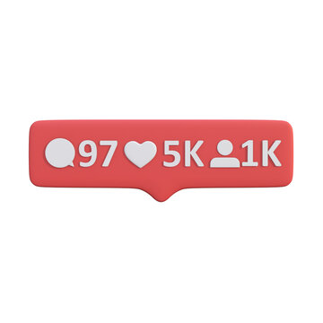 3D Rendered Social Media Notification Bar Displaying Engagement Metrics for Digital Interaction and Online Content Performance Tracking